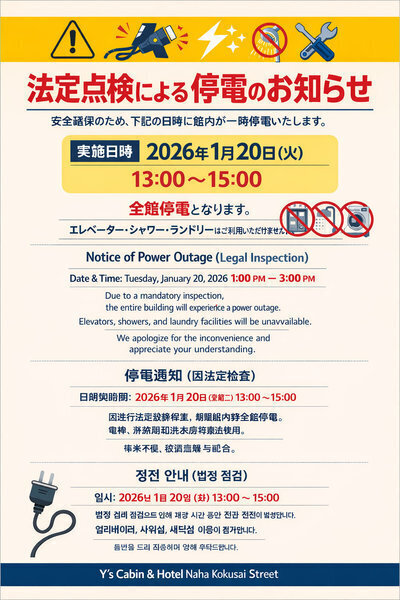法定点検に伴う停電のお知らせ】 | ワイズキャビン＆ホテル那覇国際通り