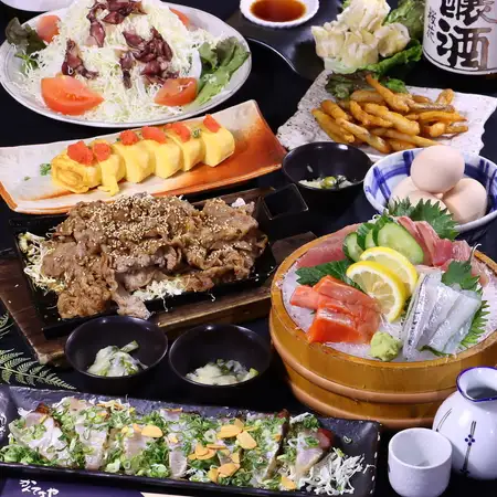 【創作コース】刺身4種・牛カルビニンニク焼き・鰆藁焼き付コース全9品2H飲み放題付4500円