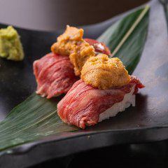 Horsemeat sashimi and sea urchin sushi