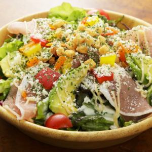 Rich Caesar salad with prosciutto and avocado