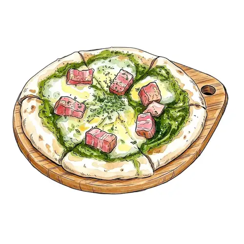 ベーコンとモッツアレラのバジルソースピッツァ