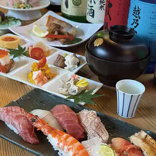 【尊享套餐】包含丰洲当季鲜鱼及8种握寿司，共21道菜，由本店主厨精心烹制 | 30种清酒2小时畅饮：13,200日元