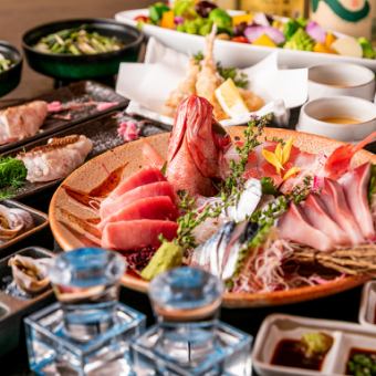 For business entertainment and social gatherings, a course of tuna, large shrimp, and a whole red snapper is 7,500 yen → 7,000 yen (all-you-can-drink for 120 minutes)