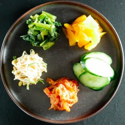 Assorted Japanese and Korean pickles (pickles, namul, kimchi)