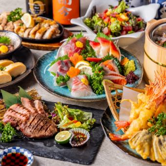 “北苑”八道菜套餐,含生啤(2.5小时畅饮),包括厚切炭烤牛舌、鲑鱼籽和三种新鲜鱼类,原价5500日元,现价4500日元。