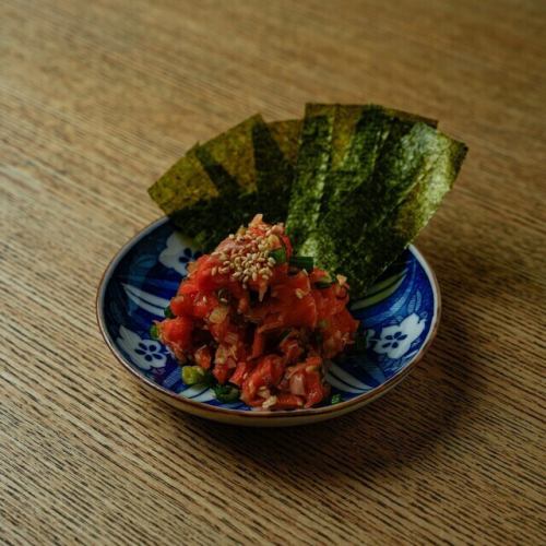 Homemade salmon namero with aromatic vegetables