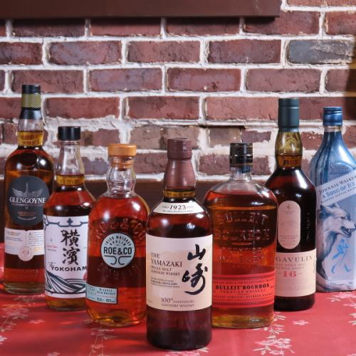 A wide variety of alcoholic drinks, including whiskey