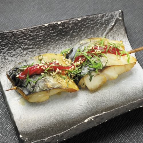 Grilled mackerel skewers with plum and shiso leaves