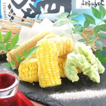 Corn and snap pea tempura