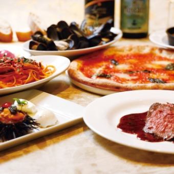 【泡や生ビール2h飲み放題】豪華前菜とトリュフピザ,森林鶏メイン,シェフおすすめパスタコース