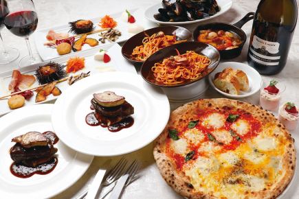 【泡,生ビール飲み放題】豪華前菜,トリュフピザ,フォアグラ牛メイン渡り蟹パスタコース