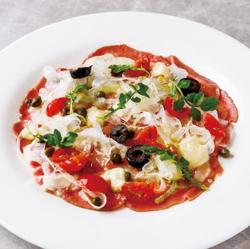 Seared beef tongue and new onion carpaccio