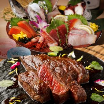 【日～木限定】3時間飲み放題付き 『鮮魚五種盛りや牛ハラミステーキコース』全8品6000円