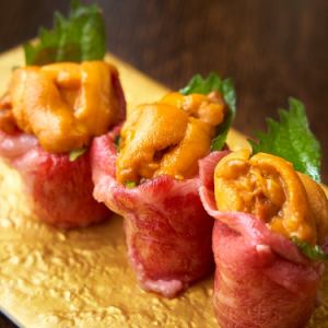 Raw sea urchin wrapped in wagyu beef