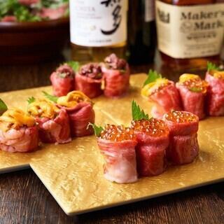 【TVで話題♪】2.5時間飲み放題付「和牛A5肉寿司＆ランプステーキ含12品」【6000円→4980円】
