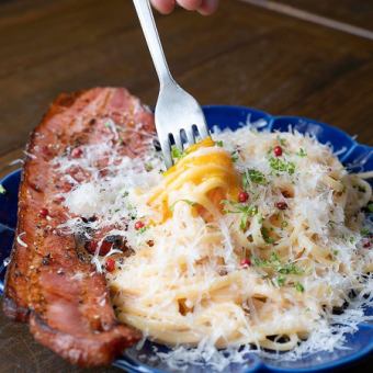 Cod roe carbonara with grilled bacon