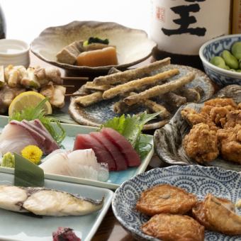 [Very popular] 8 dishes including fried young chicken and satsuma-age, plus tea soba noodles and dessert for the final course ◎ 8,500 yen course with 2.5 hours of all-you-can-drink