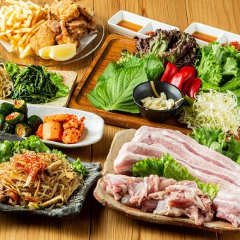 All-you-can-eat samgyeopsal course ◆ Tsuruhashi kimchi platter, Omoni's japchae, etc. ◆ 9 dishes total 3300 yen