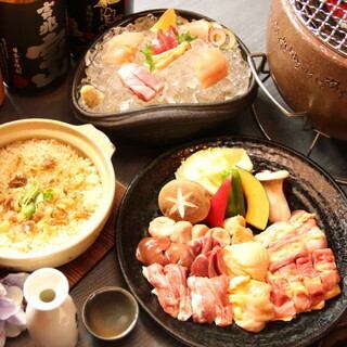 【いっぷく地鶏炭焼きコース】お造り5種や炭火焼9種地鶏釜飯などが楽しめる!《全18品》(鶏焼肉)