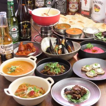 【貸切コース】3時間飲み放題付◆2種のカレー・ナン・ライス食べ放題含む全7品6000円(税込)