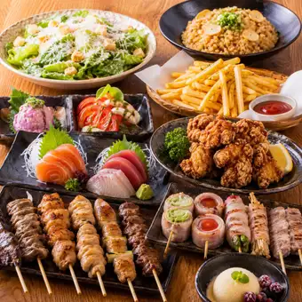 【2.5時間飲み放題付】名物焼き鳥食べ放題と豚バラ野菜巻きを満喫◎全9品コース【3980円】