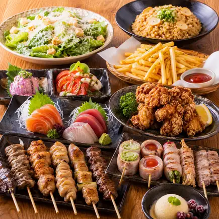【2.5時間飲み放題付】名物焼き鳥食べ放題と豚バラ野菜巻きを満喫◎全9品コース【3980円】