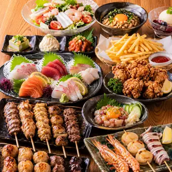 【生ビール付き3時間飲み放題】海鮮と焼き鳥食べ放題を楽しむ◎刺身5点付全10品コース【4980円】
