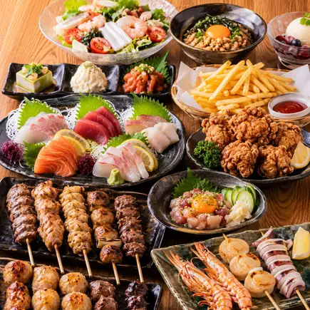 【生ビール付き3時間飲み放題】海鮮と焼き鳥食べ放題を楽しむ◎刺身5点付全10品コース【4980円】