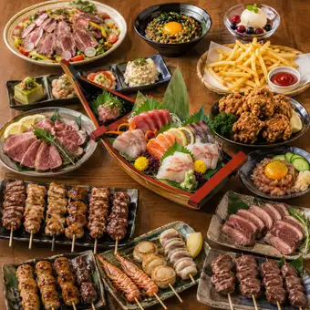【生ビール付き3時間飲み放題】本まぐろとジビエ食べ比べ◎焼き鳥食べ放題付き全12品【5980円】