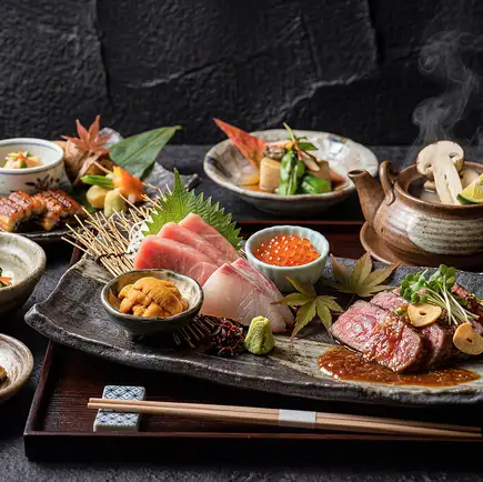 【3時間プレミアム飲み放題付】日本酒6種×豊洲鮮魚・炭火串焼・選べるメイン◎全9品【4580円】