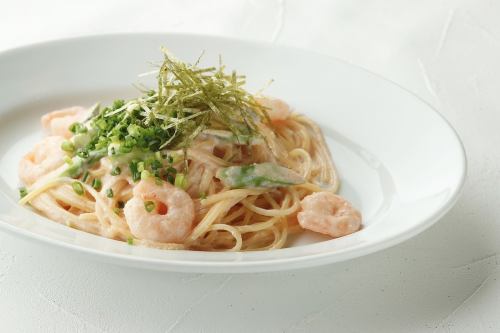 Mentaiko cream pasta with shrimp and asparagus