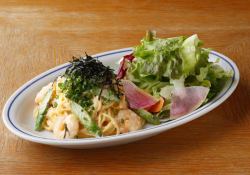 Shrimp and asparagus cream pasta with mentaiko