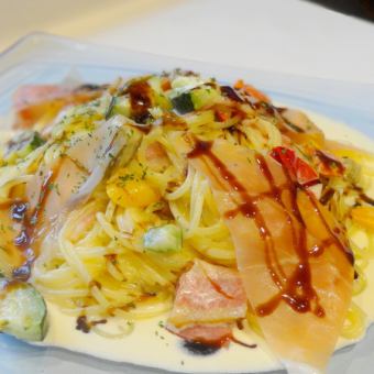 Special cream of colorful vegetables and dry-cured ham