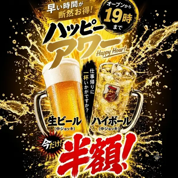 【早い時間がお得】オープンから19時まではハッピーアワー開催中！仕事帰りに生ビールやハイボールで乾杯♪
