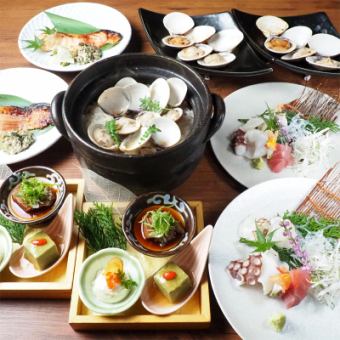 【僅限午餐】非常滿足的“蛤蜊禪”，配有生魚片、烤蛤蜊和煲仔飯。