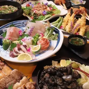 【Luxurious and Satisfying Course◎】9 dishes including fresh sashimi platter, skewers, tempura, etc., with 120 minutes of all-you-can-drink ⇒ 6000 yen (tax included)
