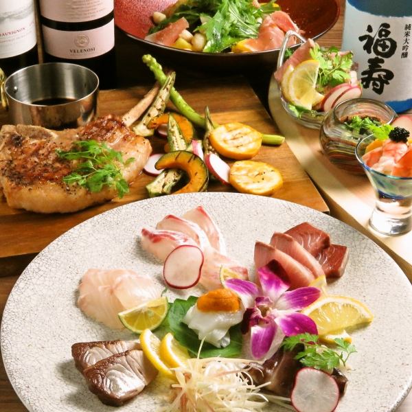 [宴會] 每道菜5,000日元起，無限量暢飲套餐6,000日元起。品嚐精心挑選的海鮮和陳年肉