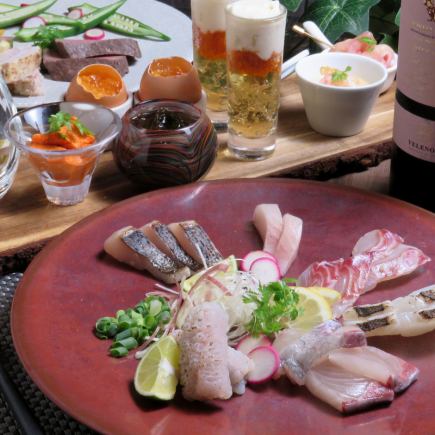【120分飲み放題付】お手軽に楽しむ♪天然鮮魚と本日の熟成肉コース7000円　※4名～