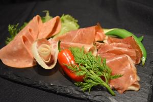 Assortment of raw ham and salami