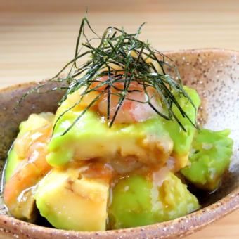 Sweet shrimp and avocado with sake kasu