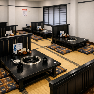 【１F  掘りごたつ：４名様×９卓(５名様×２卓あり)】全席掘りごたつで、お隣の席とは仕切りがあります。お子様連れでネット予約の際は、“お店へのご要望”にお子様の数を入力していただけましたら幸いです。