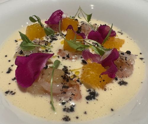 福井県産 甘エビと柑橘 冷製アーモンドソース ”アホブランコ”