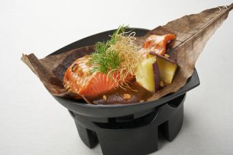 サーモンの朴葉焼き 胡桃味噌