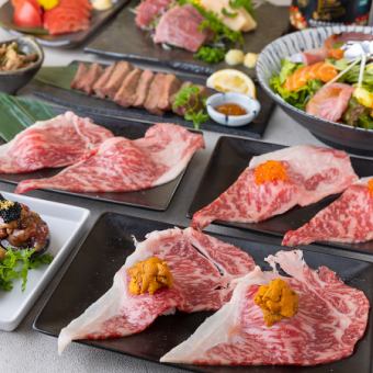 宫崎鸡南蛮、国产和牛寿司等8道菜品的“天春套餐”，含3小时无限畅饮5,500日元⇒4,500日元