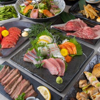 A5级烤肉寿司和自选主菜等8道菜品的“柳牛套餐”，附3小时无限畅饮6,000日元⇒5,000日元