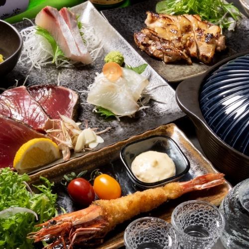 【大炸虾×牛排×握寿司拼盘】6,000日元（含税）7种豪华料理+2小时无限畅饮