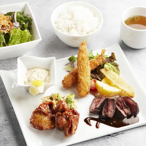 Wagyu steak & chicken nanban & fried shrimp