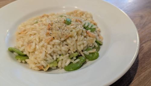 Sakura shrimp and broad bean risotto