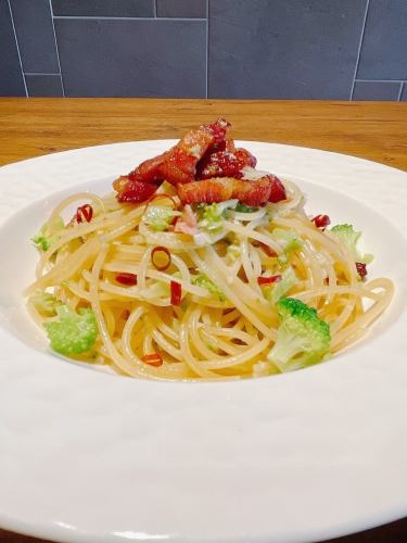 Homemade pancetta and broccoli peperoncino