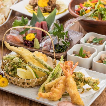 [Tsubaki Course] A luxurious and extravagant course including five kinds of sashimi, tempura, and pork shabu-shabu.Unlimited time all-you-can-drink 9 dishes 6,000 yen